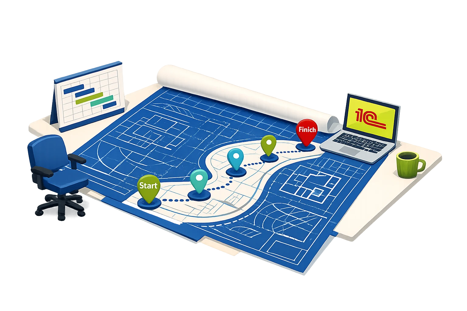Проектное внедрение — чертёж с маршрутом и Gantt-диаграмма