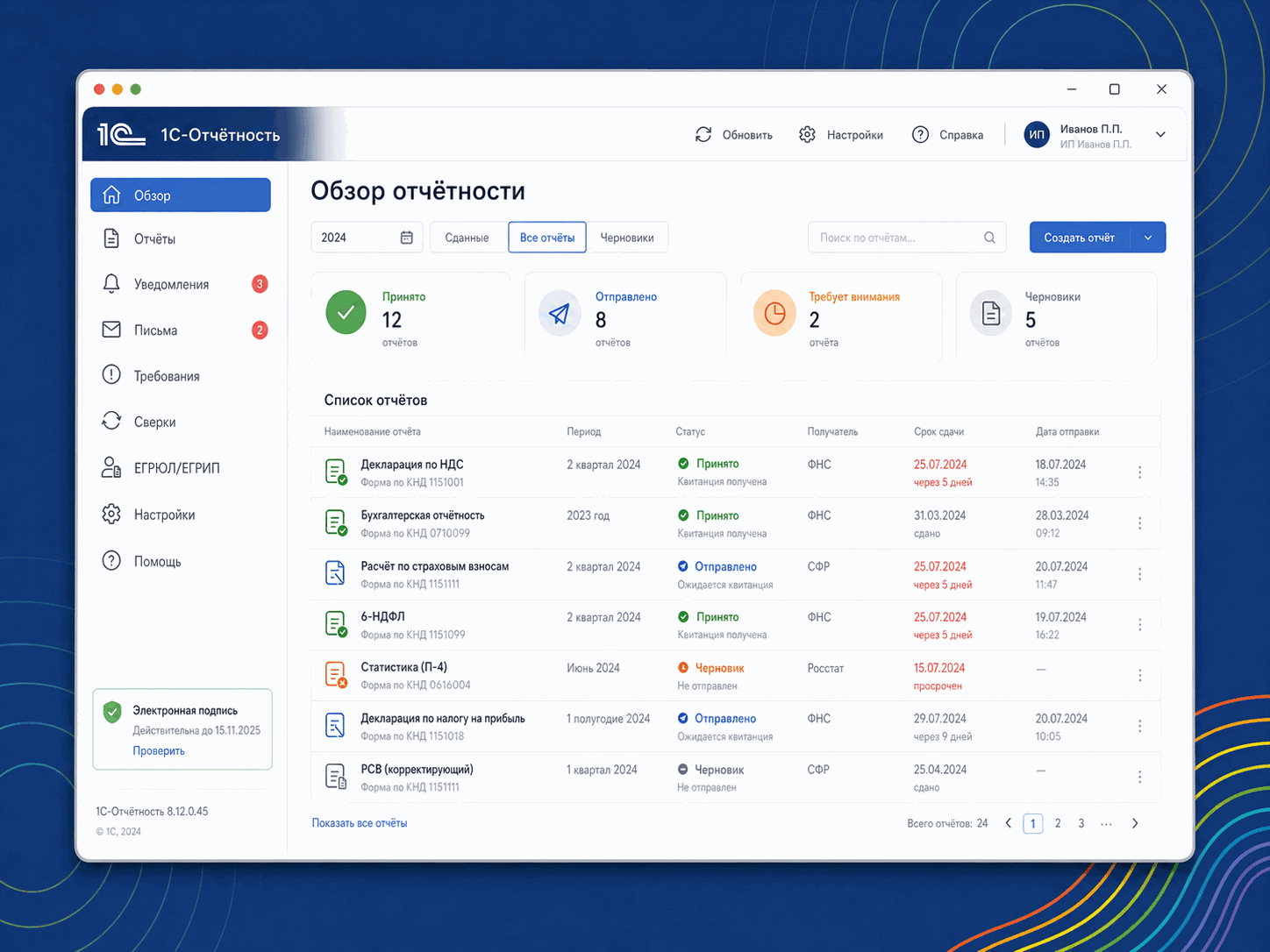 1С-Отчётность — сдача регламентированной отчётности в ФНС, СФР, Росстат из 1С
