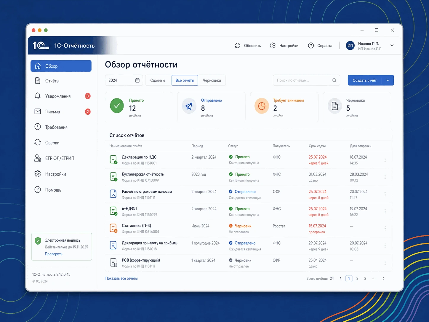 1С-Отчётность — сдача регламентированной отчётности в ФНС, СФР, Росстат из 1С